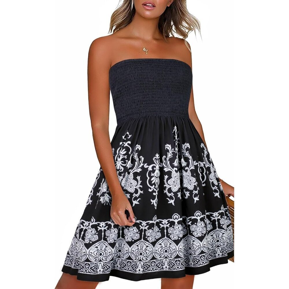 Women Midnight Floral Strapless Off Shoulder Cover Ups Casual Beach Sundress